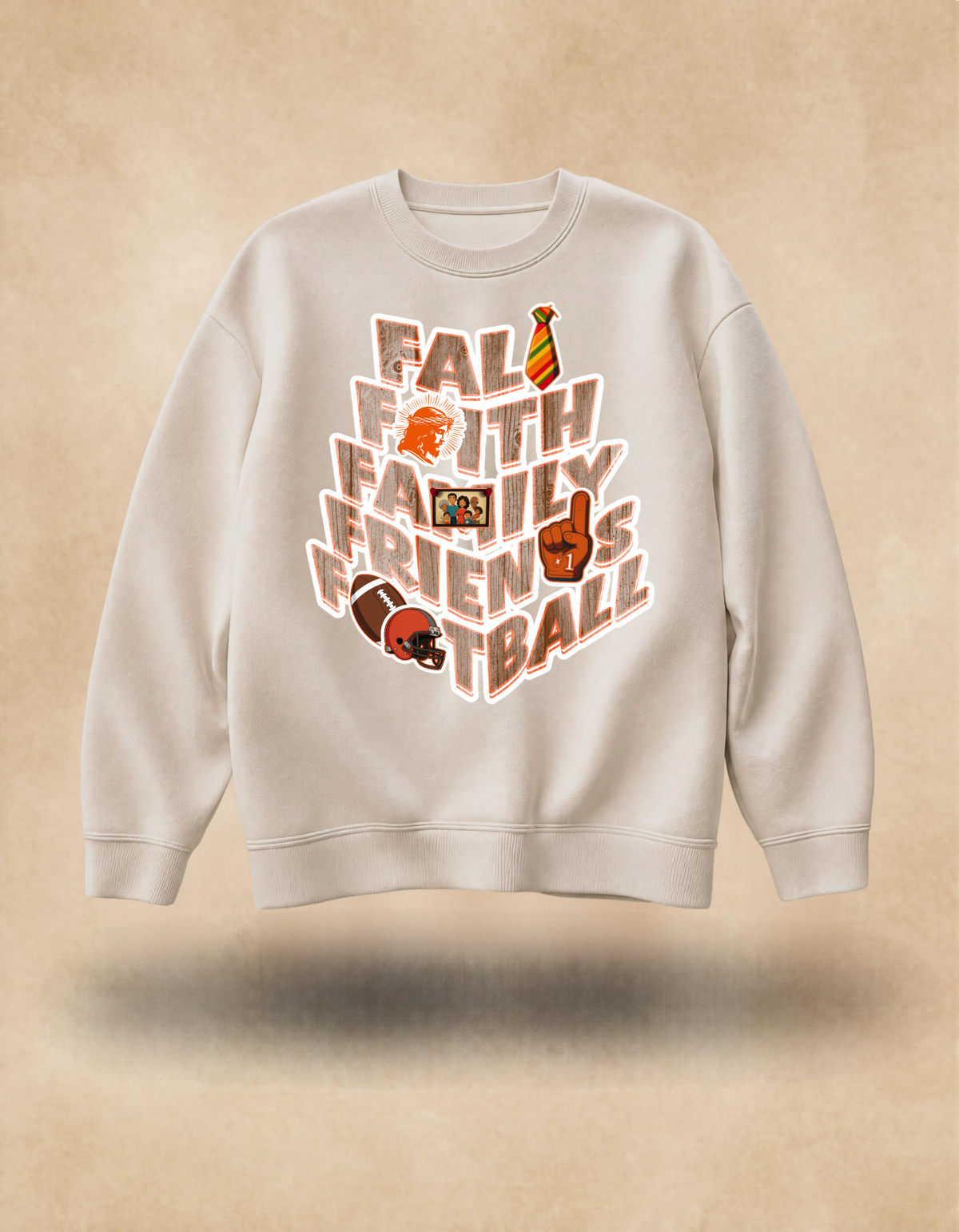 Fall Faith Family Friends Football Sweatshirt (wood grain letters) – Christian Autumn Hoodie
