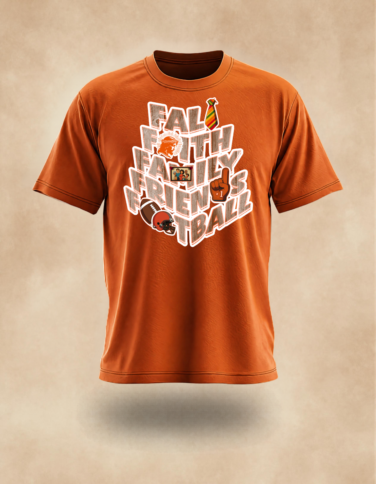 Fall Faith Family Friends Football T‑Shirt (wood grain letters) – Christian Autumn Tee