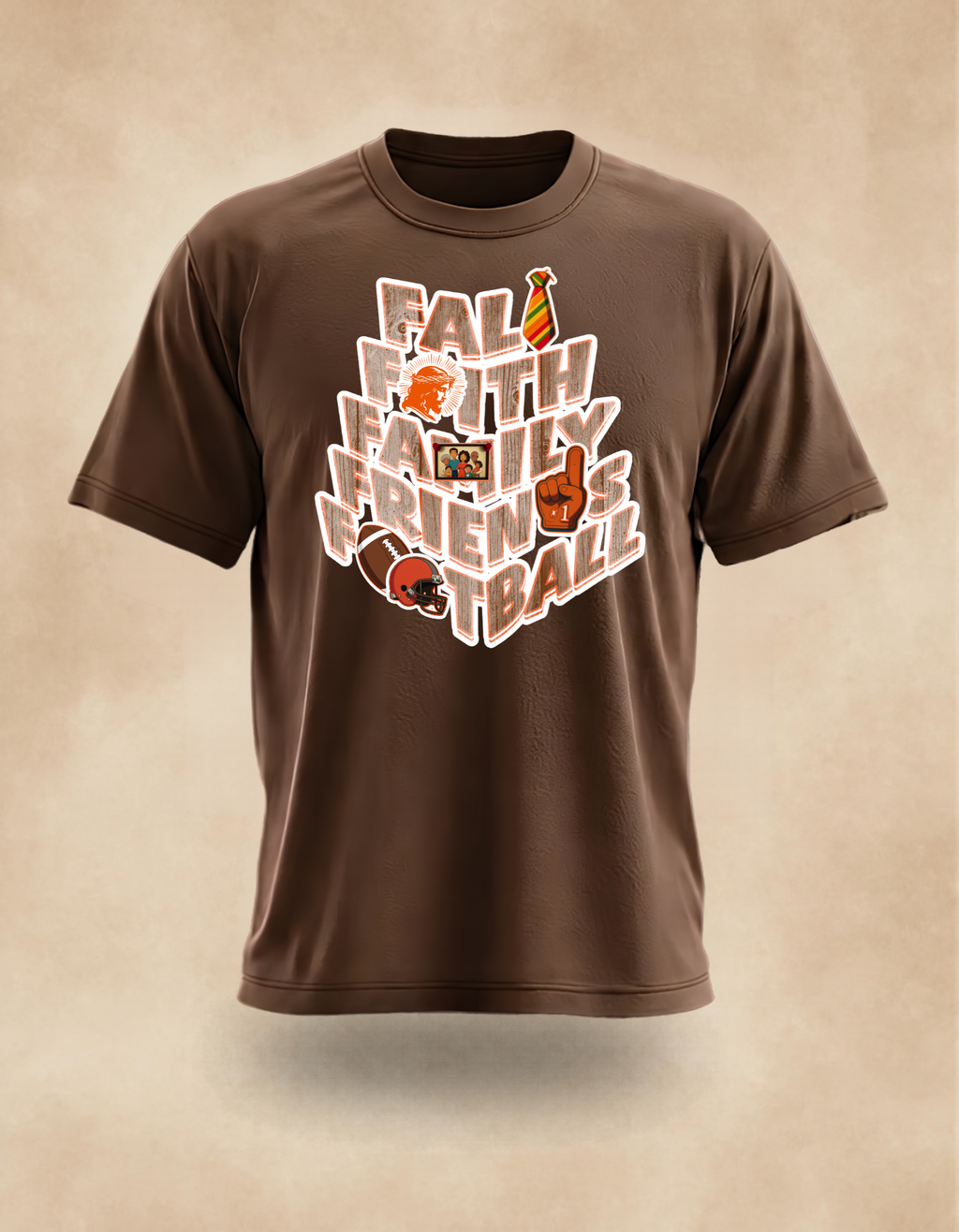 Fall Faith Family Friends Football T‑Shirt (wood grain letters) – Christian Autumn Tee