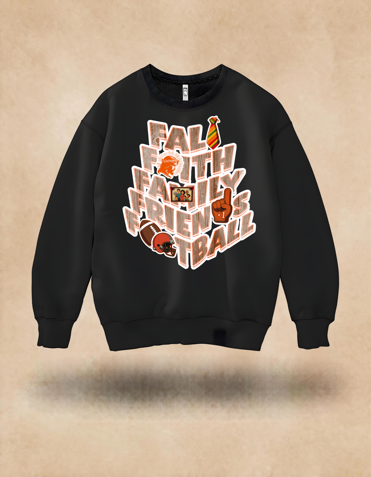 Fall Faith Family Friends Football Sweatshirt (wood grain letters) – Christian Autumn Hoodie