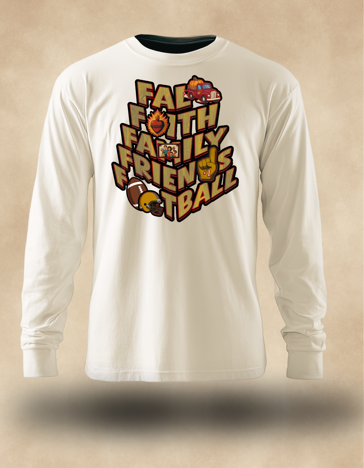 Fall Faith Family Friends Football Long Sleeve (golden grain letters) – Christian Autumn Tee