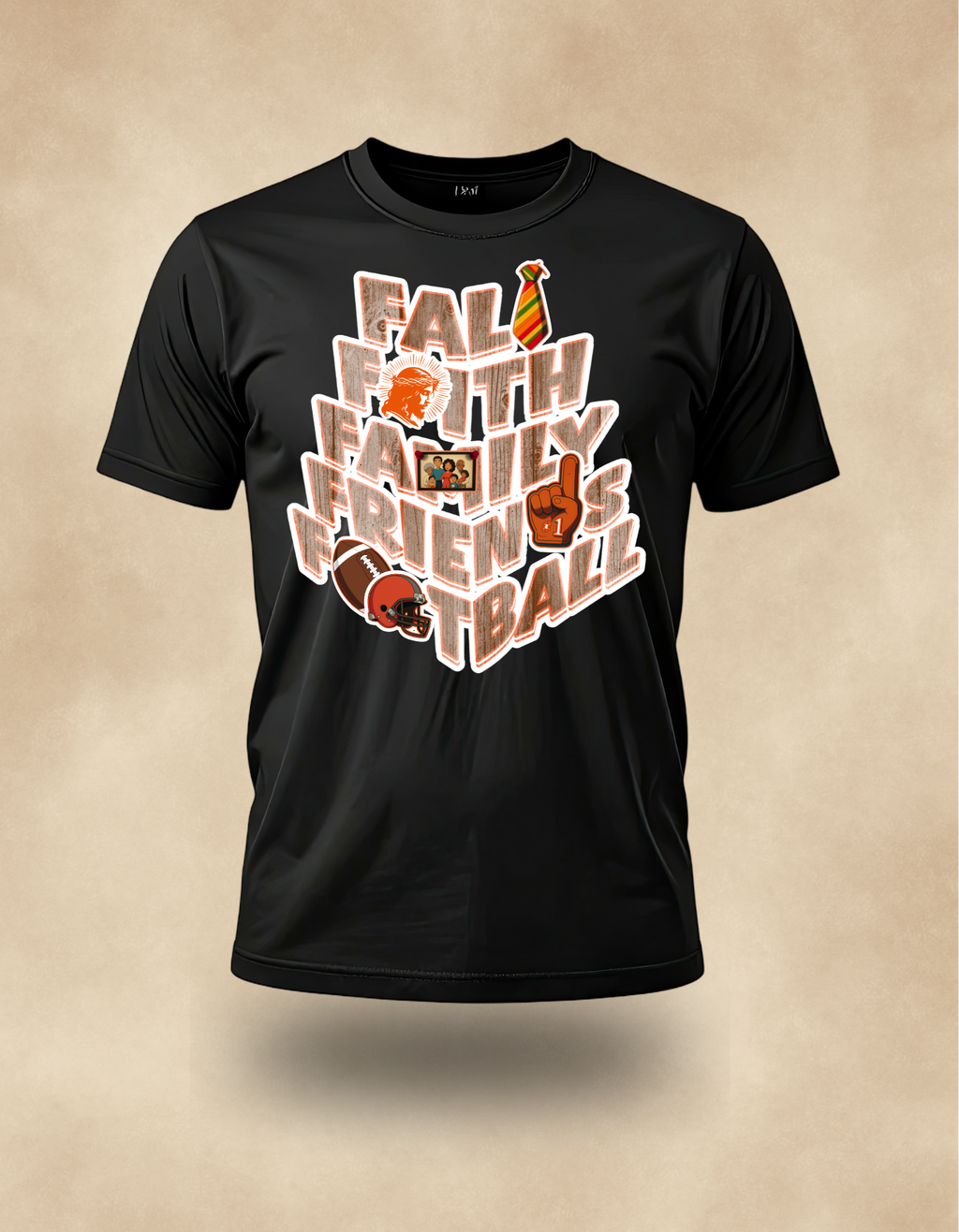 Fall Faith Family Friends Football T‑Shirt (wood grain letters) – Christian Autumn Tee