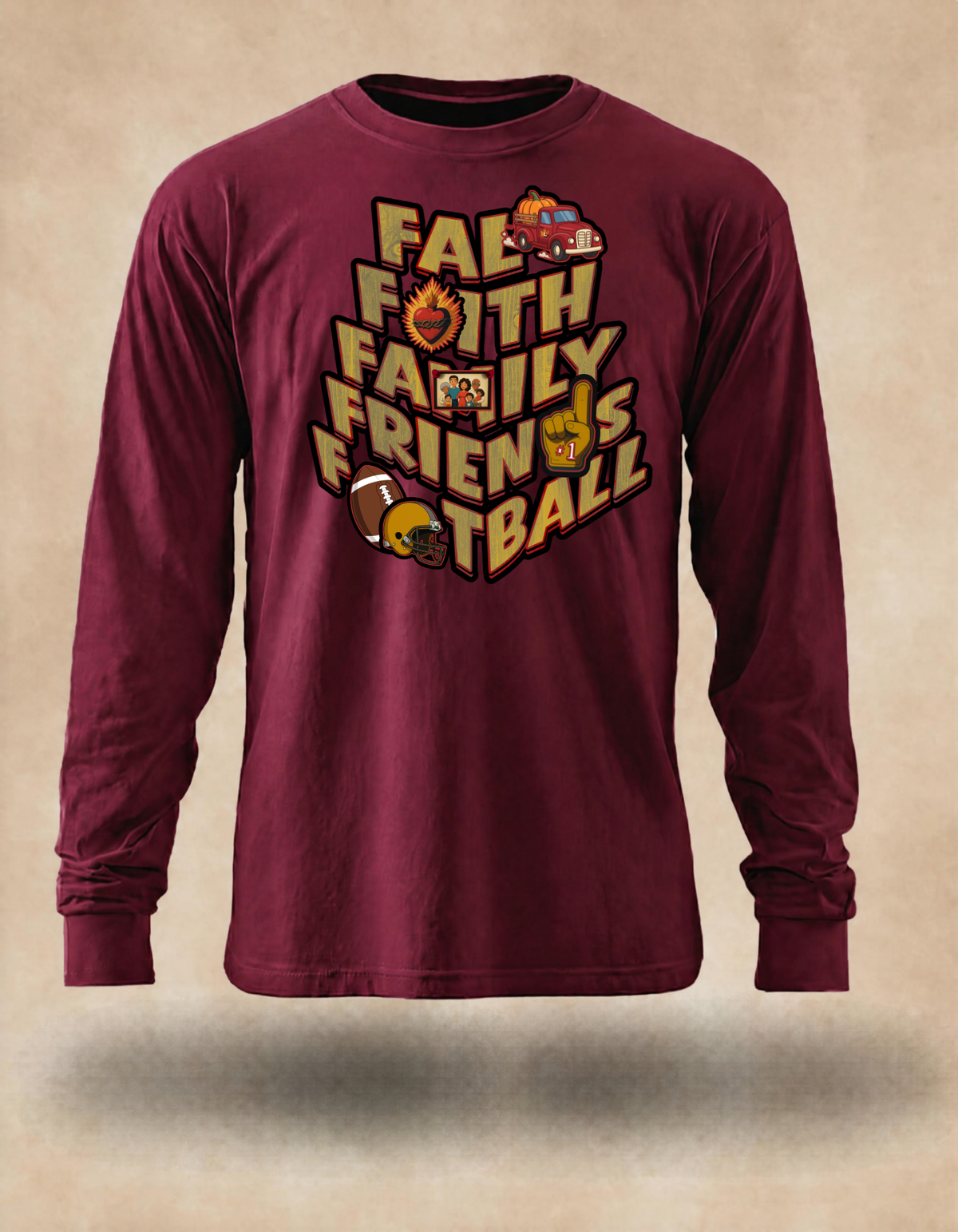 Fall Faith Family Friends Football Long Sleeve (golden grain letters) – Christian Autumn Tee